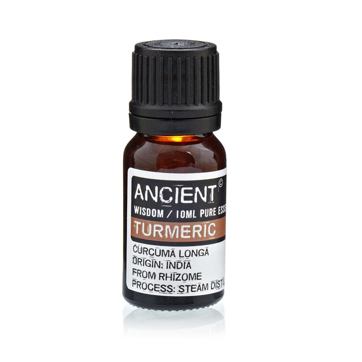 Aceite esencial de cúrcuma, 10 ml, color ámbar, botellita de vidrio, destilación al vapor, origen India.