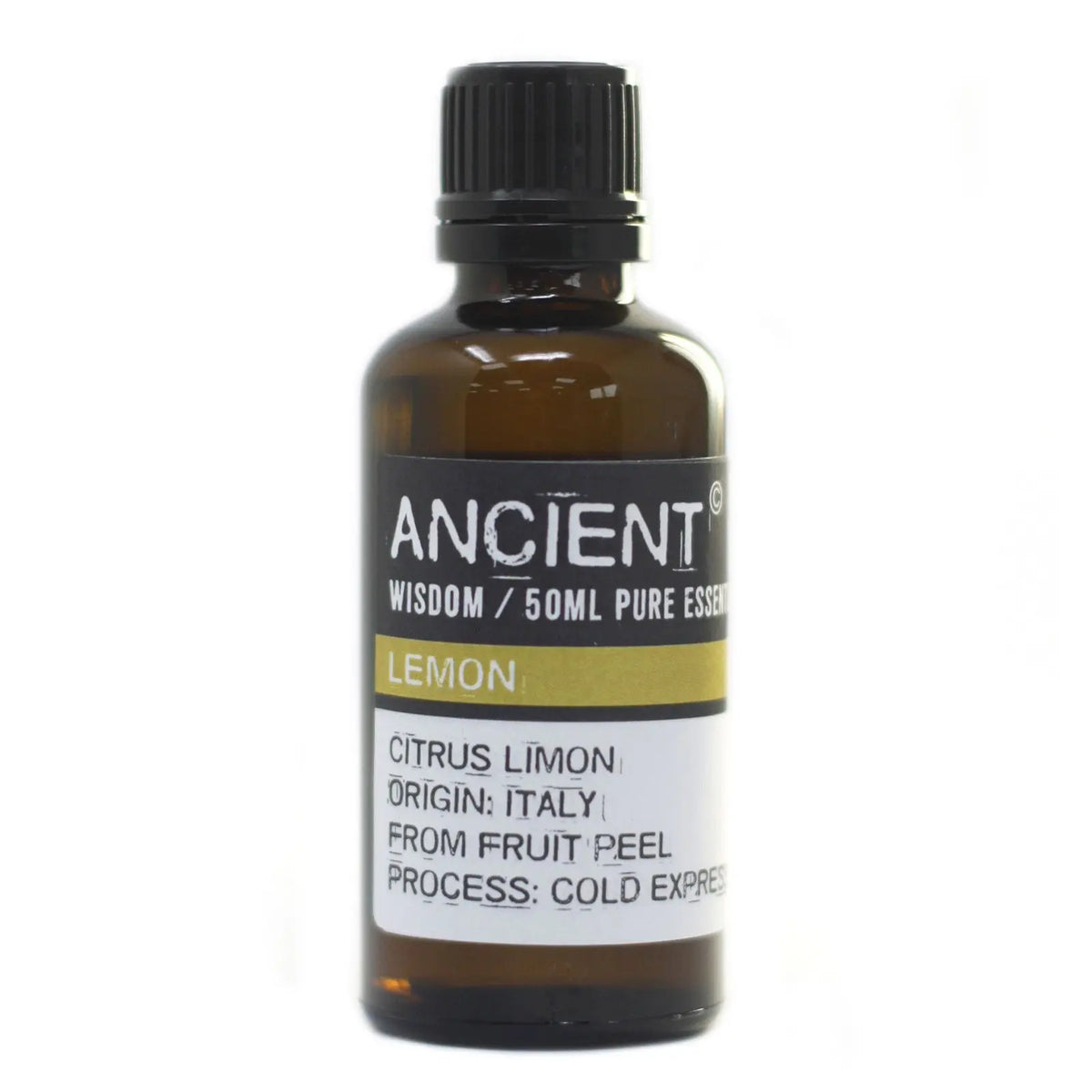 Frasco de vidrio ámbar de 50ml con aceite esencial de limón y etiqueta informativa. Fondo blanco.