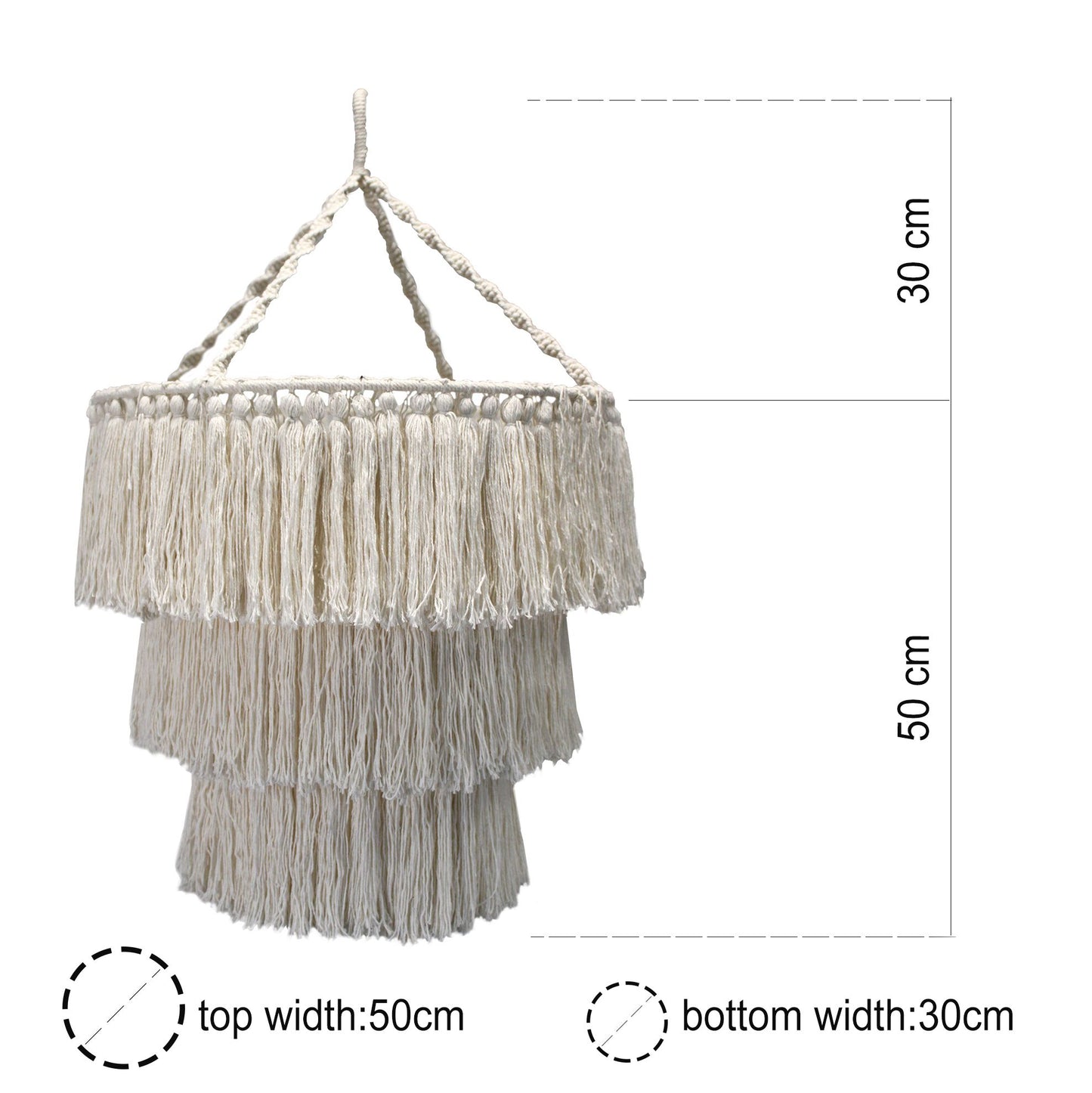 Lámpara colgante de tres niveles en macramé color natural, con flecos decorativos y medidas técnicas indicadas.