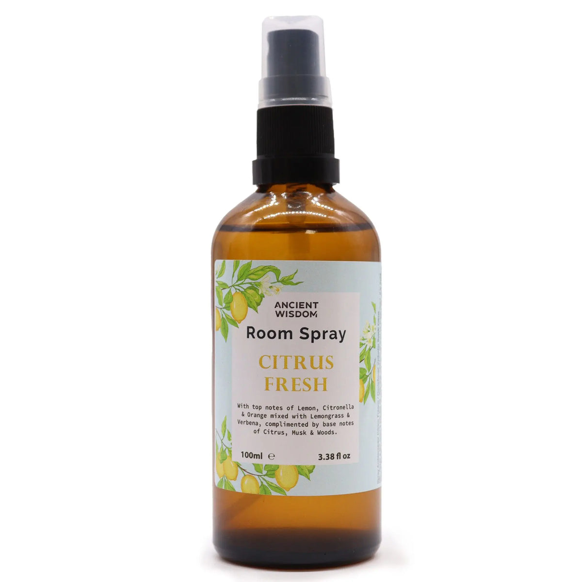 Spray de 100ml en frasco de vidrio ámbar con atomizador negro y etiqueta ilustrada con limones de estilo natural y fresco