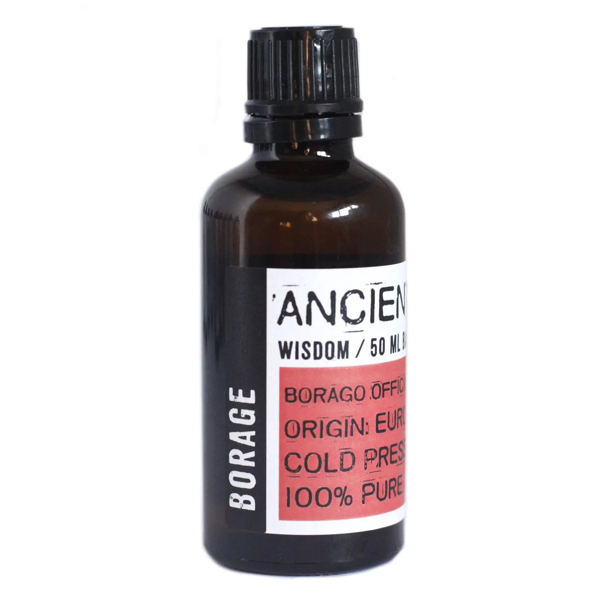 Frasco de vidrio ámbar de 50 ml con tapón negro y etiqueta informativa sobre aceite base de borraja.