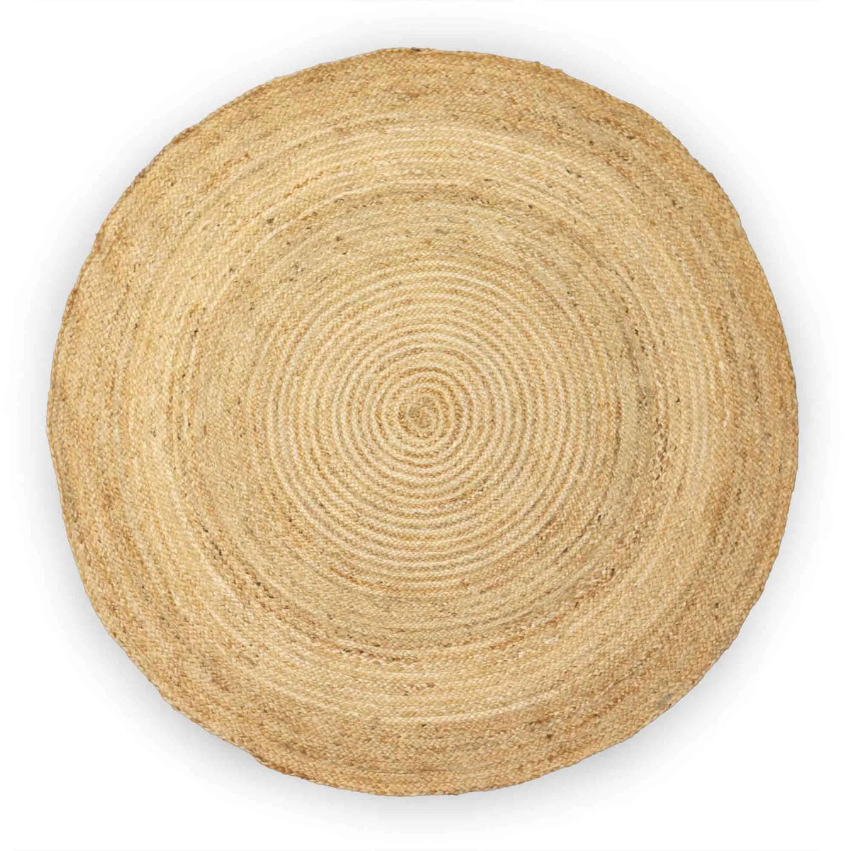 Alfombra redonda artesanal de 150cm tejida en yute natural con fibras de algodón, diseño de espiral en tonos beige.