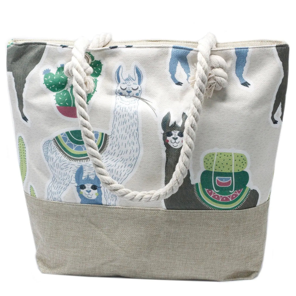 Bolso shopper de tela con estampado de llamas y cactus, base de yute y asas de cuerda trenzada en color blanco.