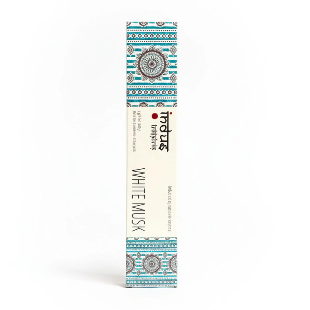 Caja rectangular de incienso de almizcle blanco con estampado geométrico en tonos crema, azul turquesa y marrón.