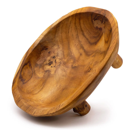 Frutero ovalado de madera de teca con veteado natural y patas, ideal para exhibición elevada. Fondo blanco.