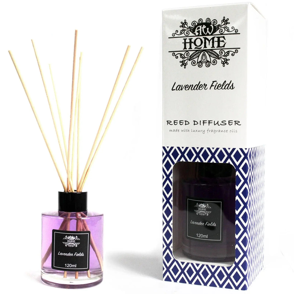Difusor de varillas de lavanda, frasco morado de 120ml, aroma fresco, presentación elegante en caja decorativa azul.