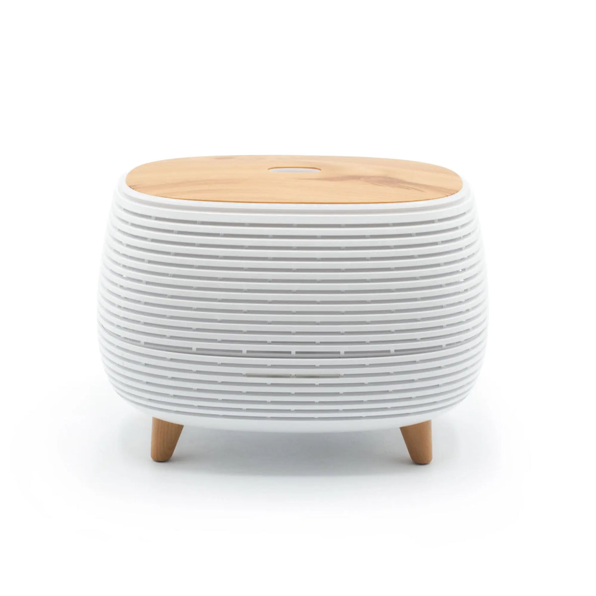Mesa auxiliar blanca con tapa de madera clara y patas de madera, diseño moderno y minimalista.