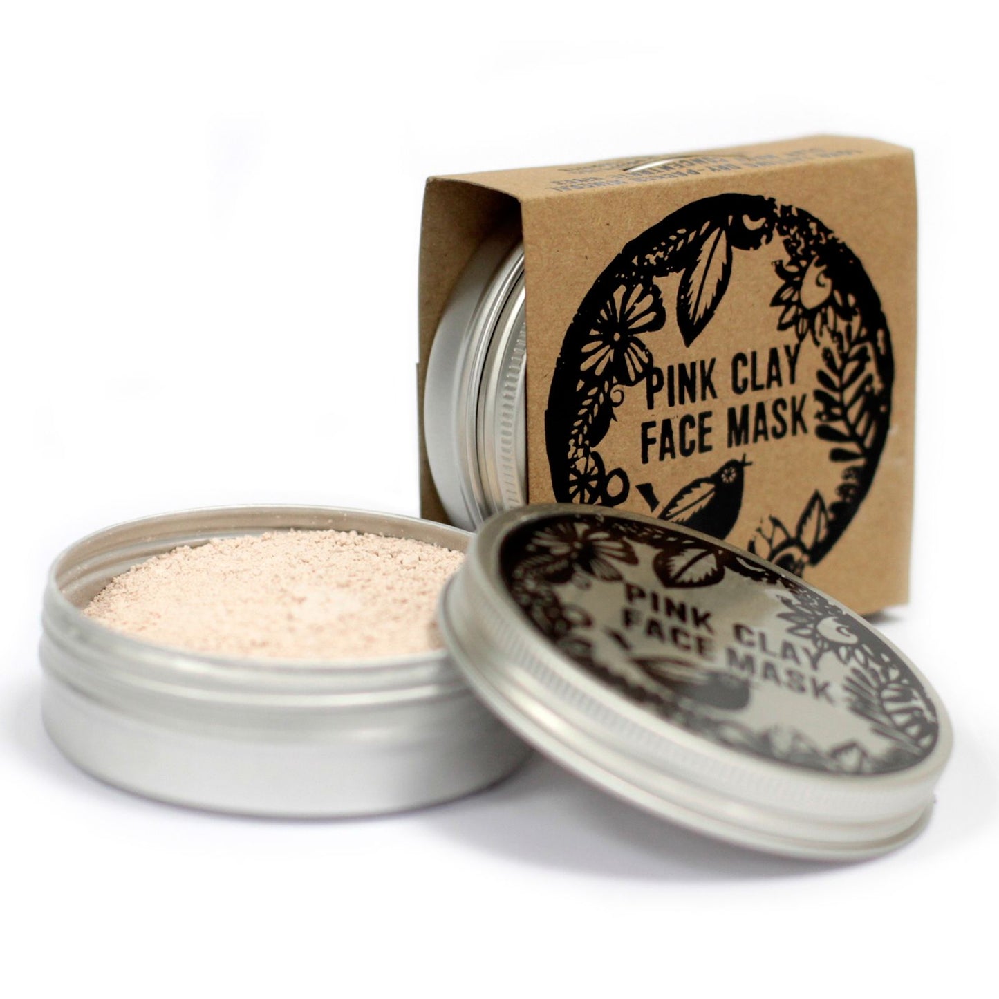 Mascarilla de arcilla rosa Agnes + Cat en lata metálica abierta, junto a su caja de cartón artesanal.