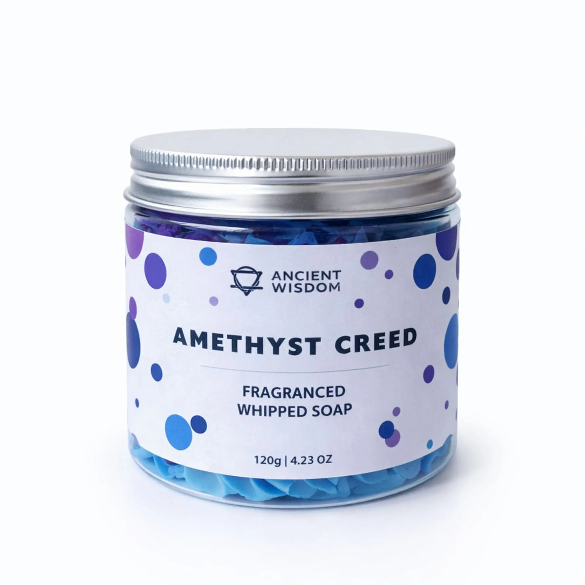 Jabón batido fragante Amethyst Creed en envase azul y morado, 120g, con diseño moderno y elegante.