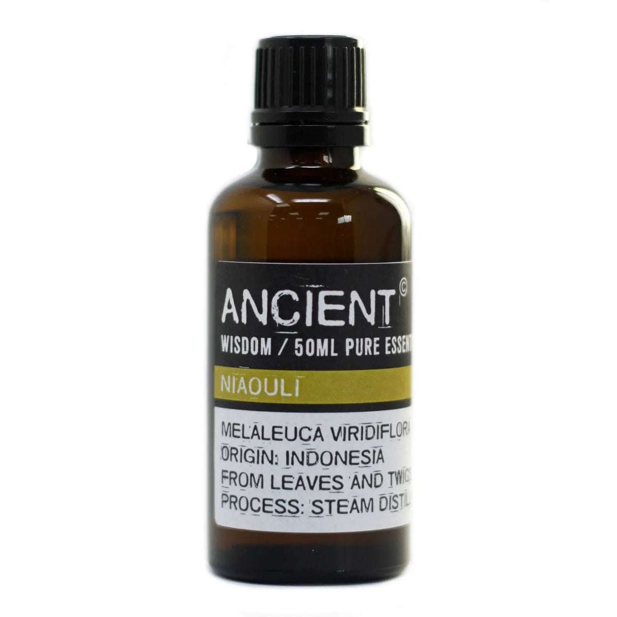 Frasco de vidrio ámbar de 50ml con tapa negra y etiqueta blanca que indica aceite esencial de Niaouli. Fondo blanco.