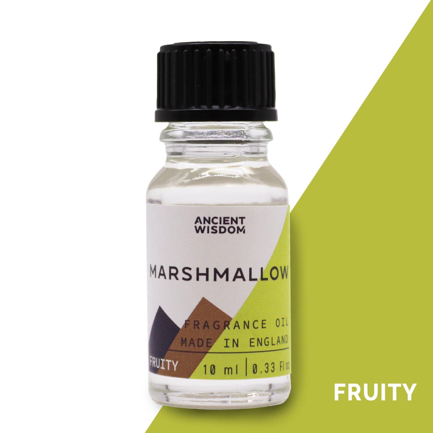 Frasco de vidrio transparente con tapa negra de 10ml de aceite aromático de malvavisco con etiqueta decorativa y fondo verde