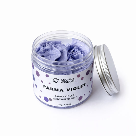 Jabón perfumado de violeta de Parma, 120 g, en envase de plástico con tapa metálica, color morado con puntos decorativos.