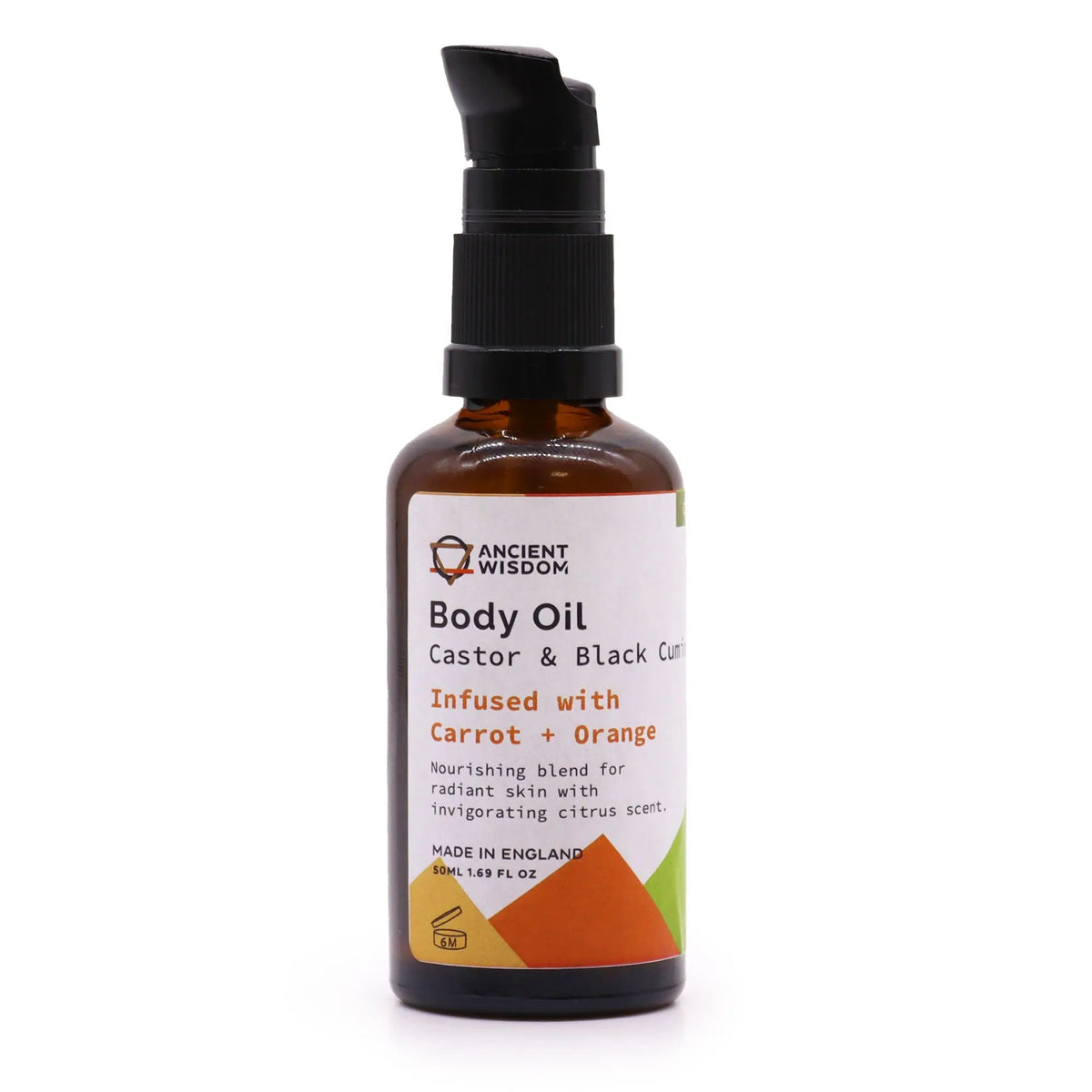 Frasco de vidrio ámbar de 50 ml con dosificador negro y etiqueta blanca de aceite corporal de zanahoria y naranja.