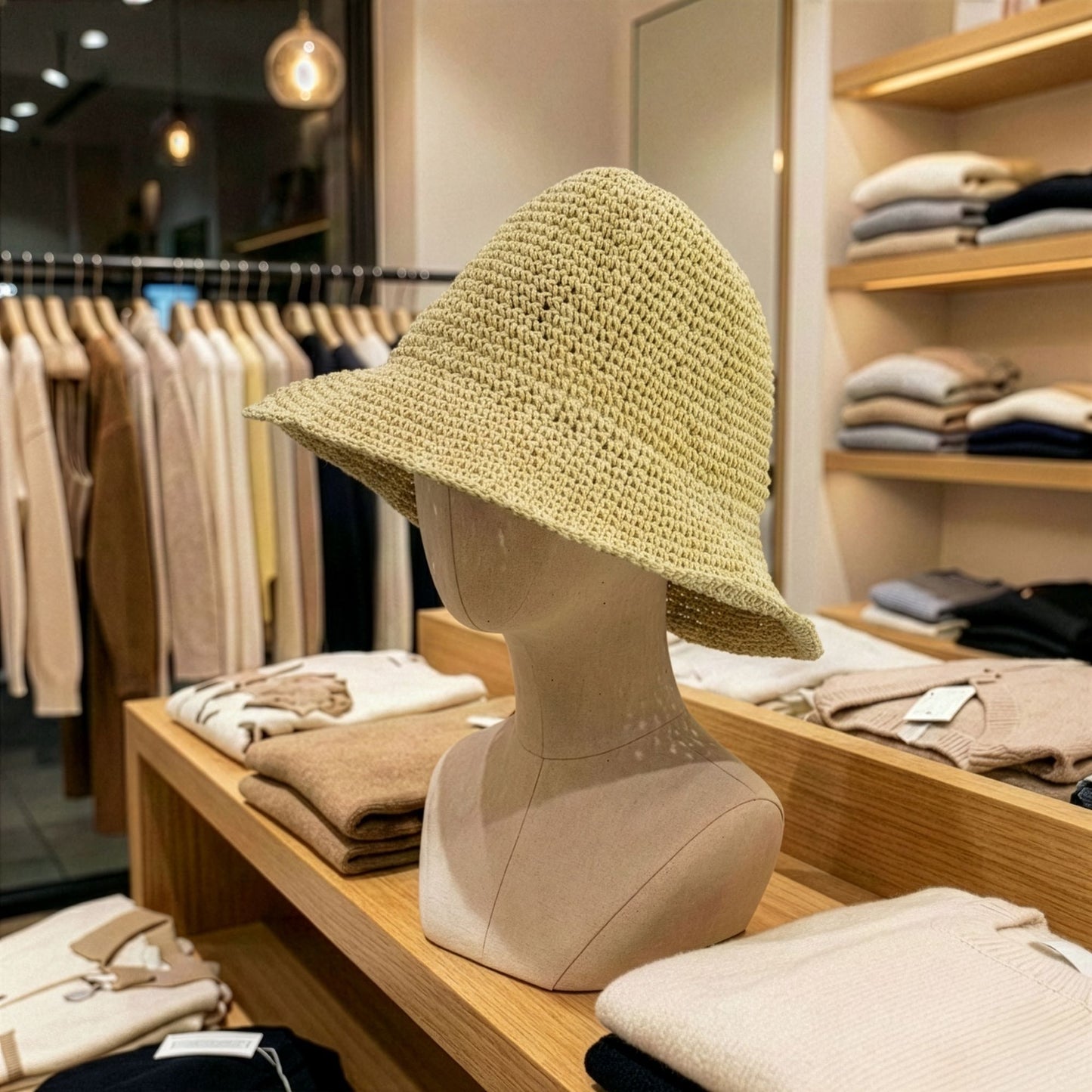 Sombrero de paja tejido en color verde claro, estilo veraniego, exhibido en una tienda de moda.