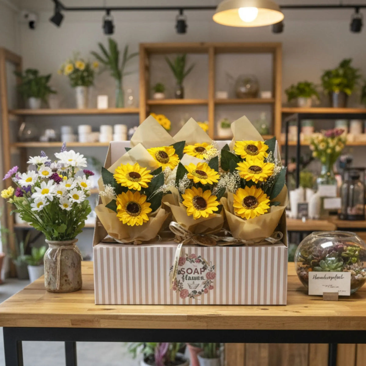 Caja con ramos de dos girasoles de jabón envueltos en papel kraft, adornados con follaje y lazos sobre una mesa.