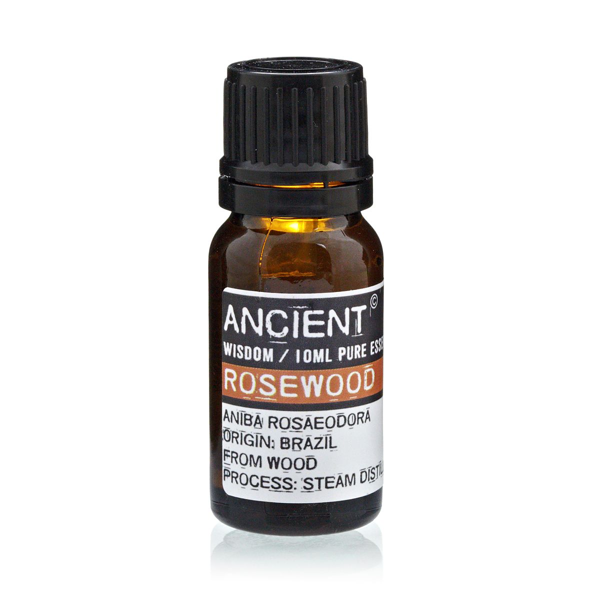 Aceite esencial de madera de rosa de 10ml, frasco ámbar, aroma natural, origen Brasil, extracción por vapor.