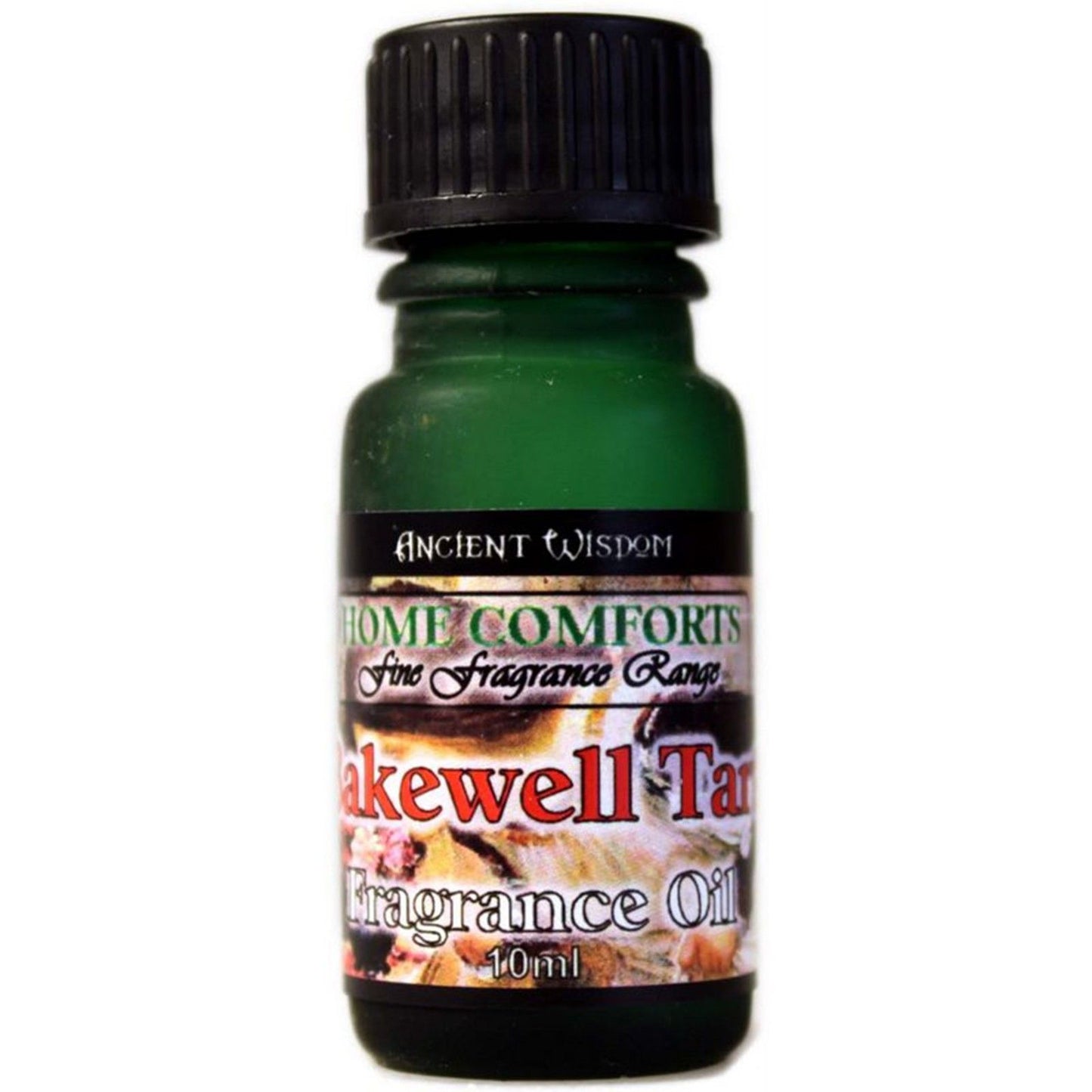Frasco de vidrio verde de 10ml con tapón negro y etiqueta de fragancia Tarta Bakewell sobre fondo blanco.