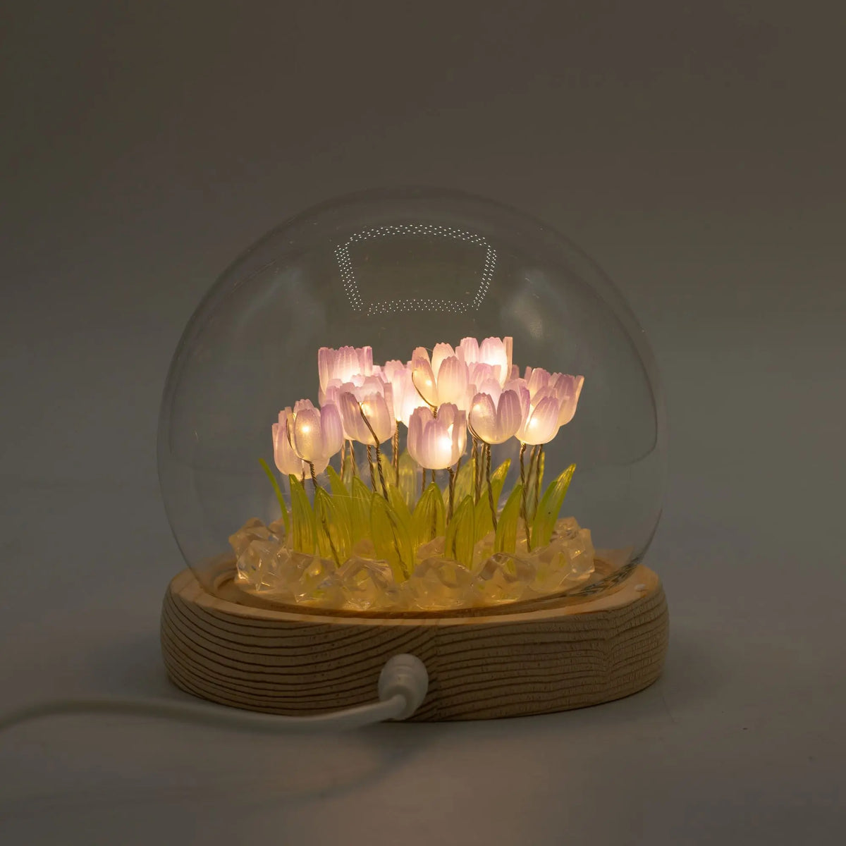 Domo de cristal con 20 tulipanes LED iluminados, base de madera redonda y conexión USB. Diseño elegante y decorativo.