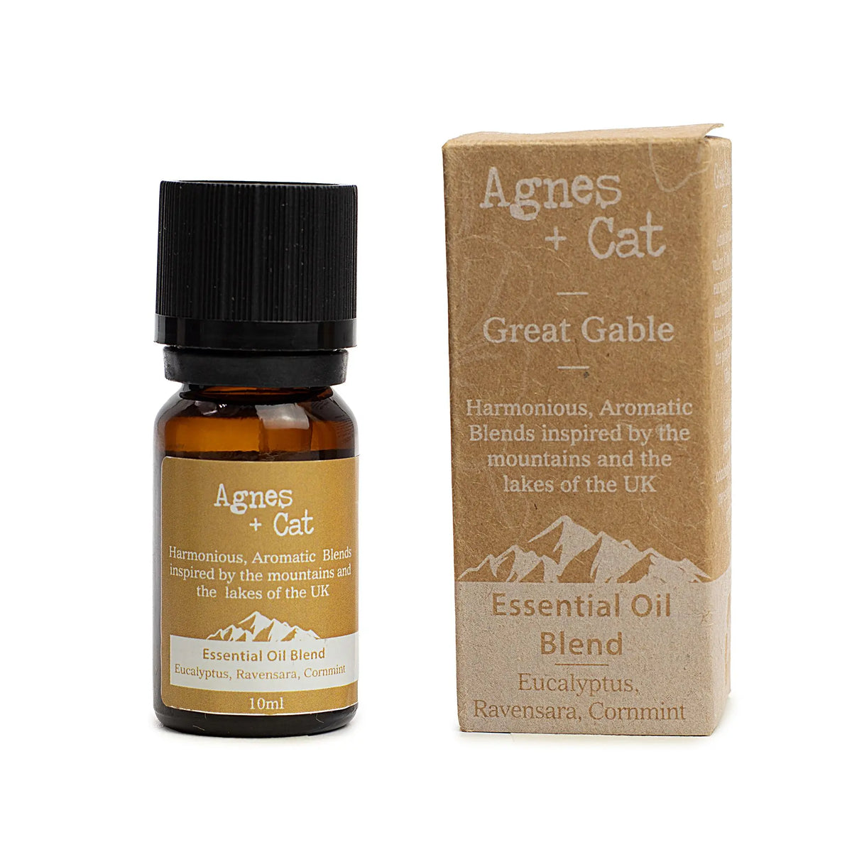 Frasco de aceite esencial Great Gable con caja de cartón kraft, diseño rústico y etiqueta de la marca Agnes + Cat.