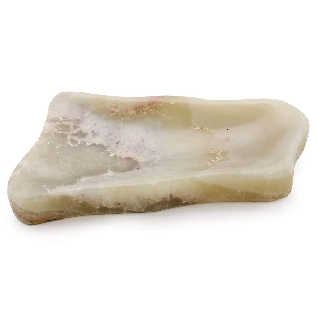 Jabonera de piedra natural Honey Onyx con forma orgánica, tonos crema y vetas translúcidas sobre fondo blanco.