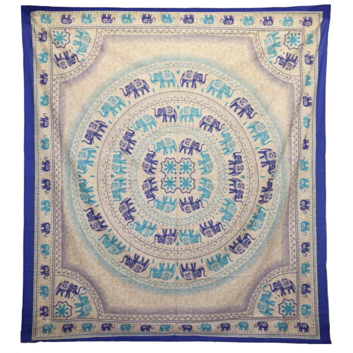 Tapiz rectangular con diseño de mandala circular, elefantes en tonos azules y fondo crema con borde azul oscuro.