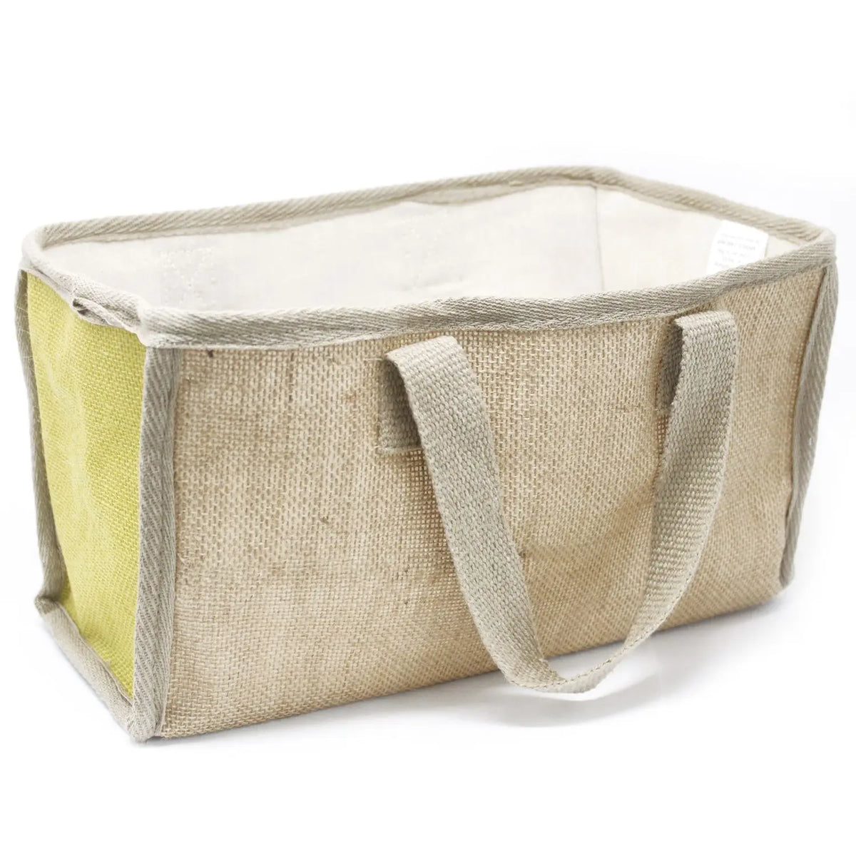 Cesta rectangular de yute y algodón, color natural y amarillo, con asas laterales, ideal para organización.