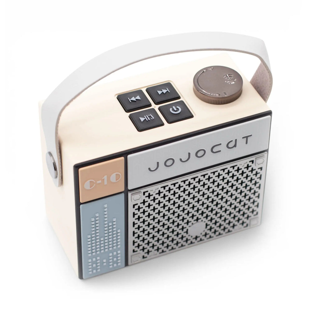 Altavoz Bluetooth Jojocut C10 estilo retro, con asa, botones superiores, diseño multicolor y rejilla frontal metálica.