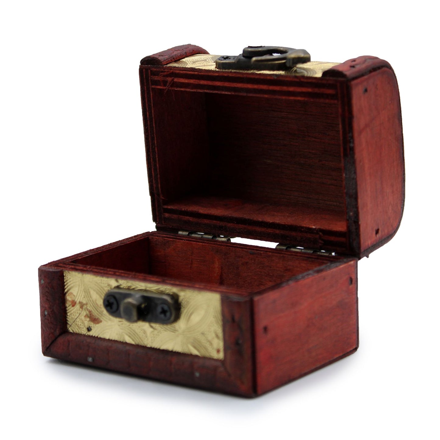 Caja de madera roja con detalles dorados, estilo vintage, ideal para joyería o almacenamiento decorativo.
