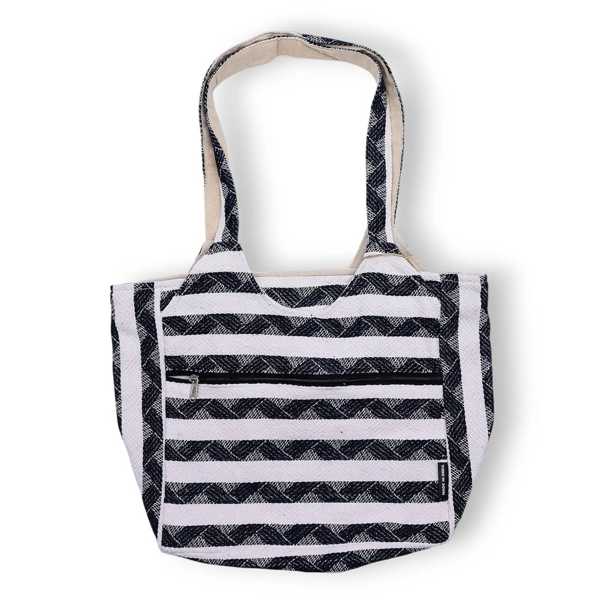 Bolso de mano de rayas negro y blanco, hecho de algodón resistente, estilo casual. Perfecto para uso diario.
