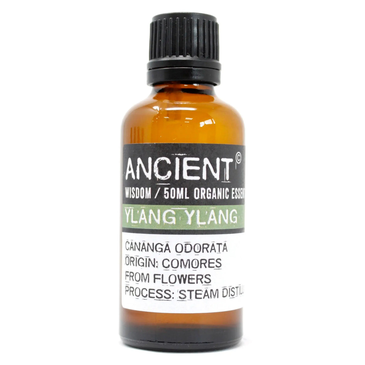 Frasco de vidrio ámbar de 50ml con tapa negra y etiqueta Ancient Wisdom de aceite esencial orgánico de Ylang Ylang.