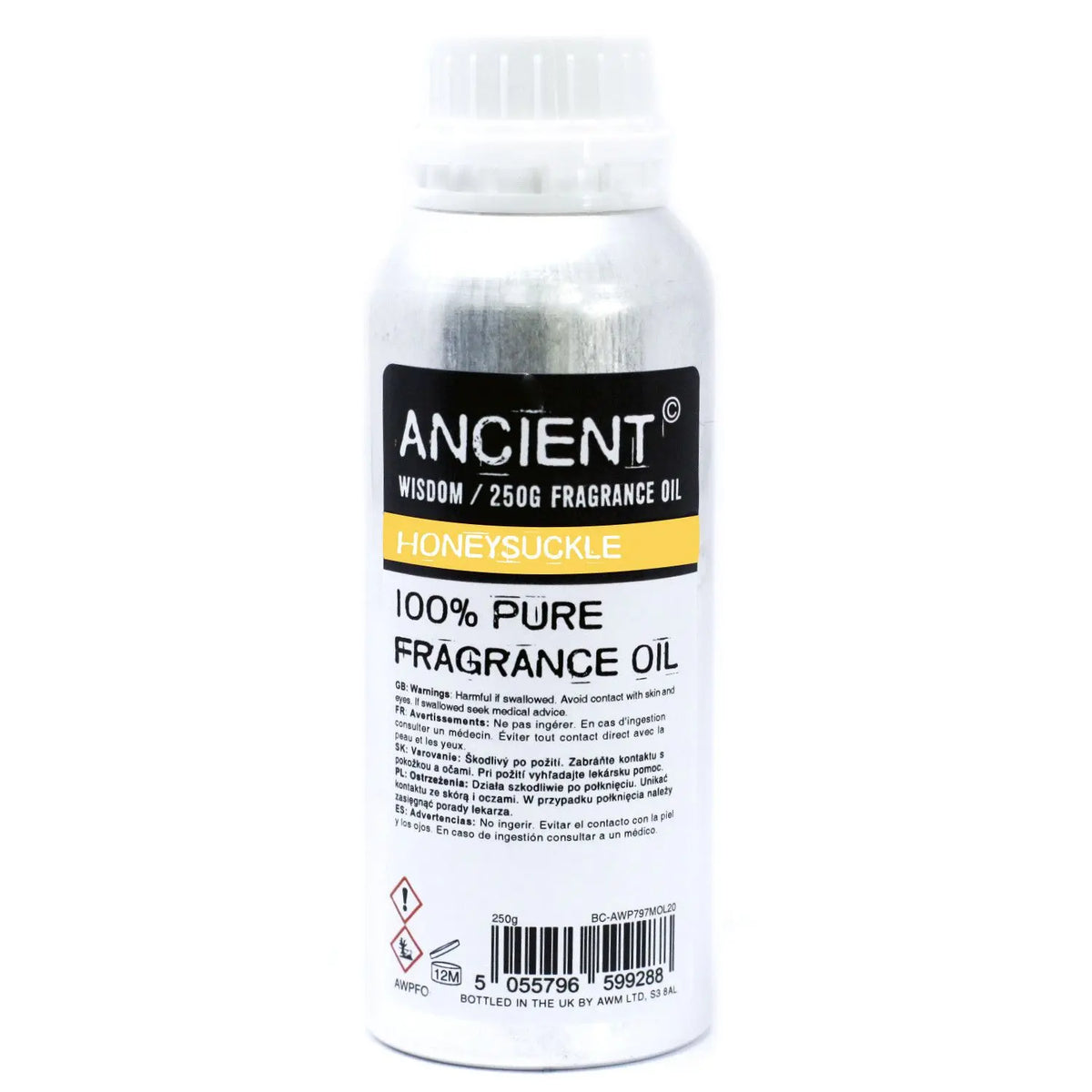 Botella de aluminio de 250g con aceite de fragancia de madreselva, etiqueta informativa y tapón blanco de rosca.