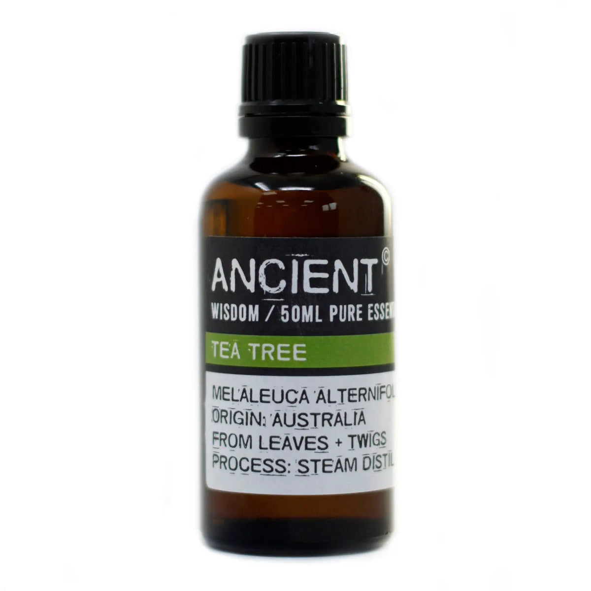 Frasco de vidrio ámbar de 50ml con tapa negra y etiqueta blanca y verde que indica aceite esencial de árbol de té.