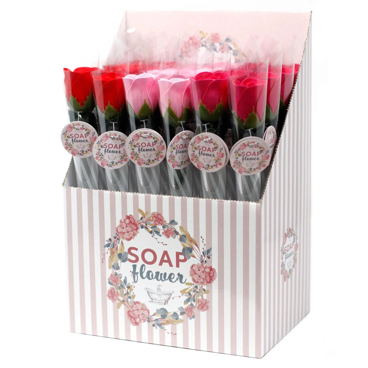 Expositor con rosas de jabón individuales en tonos rojos y rosas, envueltas en plástico y listas para regalo.