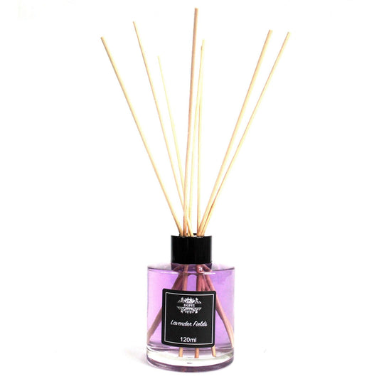 Difusor de aromas rosa con lavanda, 120ml, varillas de bambú, elegante diseño moderno para ambientar cualquier espacio.
