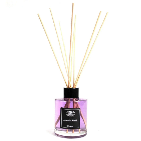 Difusor de aromas rosa con lavanda, 120ml, varillas de bambú, elegante diseño moderno para ambientar cualquier espacio.