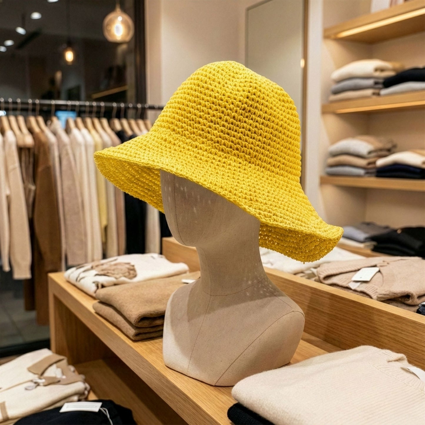 Sombrero amarillo de paja trenzada estilo floppy en tienda de moda, ideal para verano y looks casuales.