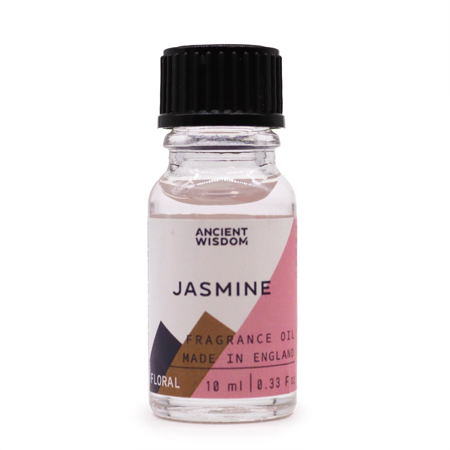 Frasco pequeño de vidrio transparente con 10 ml de aceite esencial de jazmín y tapón de rosca negro.