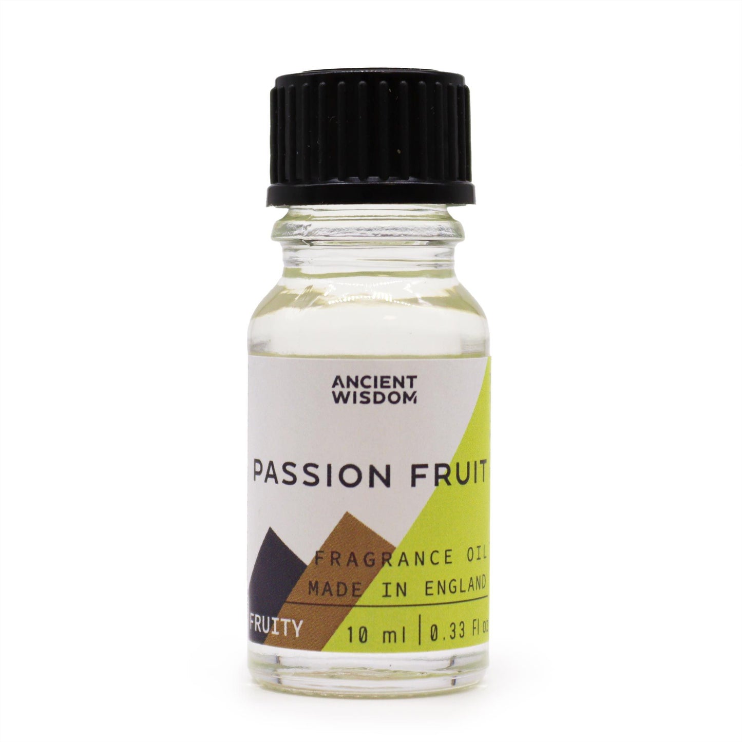 Frasco de vidrio de 10ml con tapa negra, contiene aceite de fragancia de maracuyá y etiqueta con diseño geométrico.