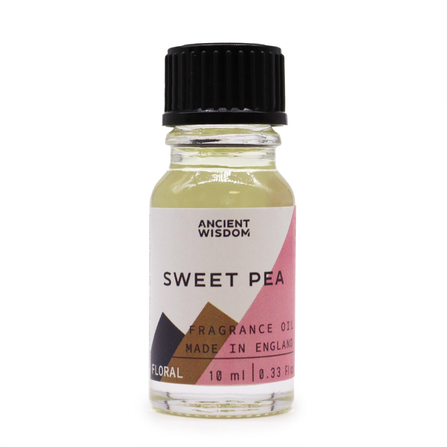 Frasco de vidrio de 10 ml con aceite de guisante dulce, tapa negra y etiqueta con motivos geométricos en rosa y ocre.
