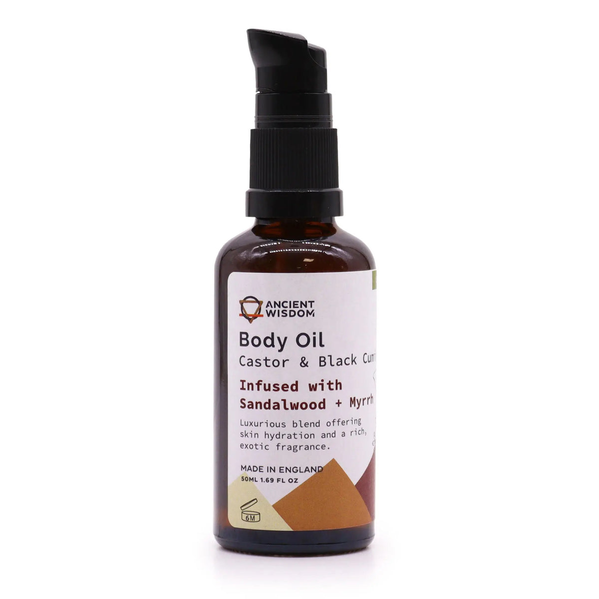 Frasco de vidrio ámbar de 50 ml con dosificador negro, etiqueta blanca con texto y detalles geométricos en color ocre.