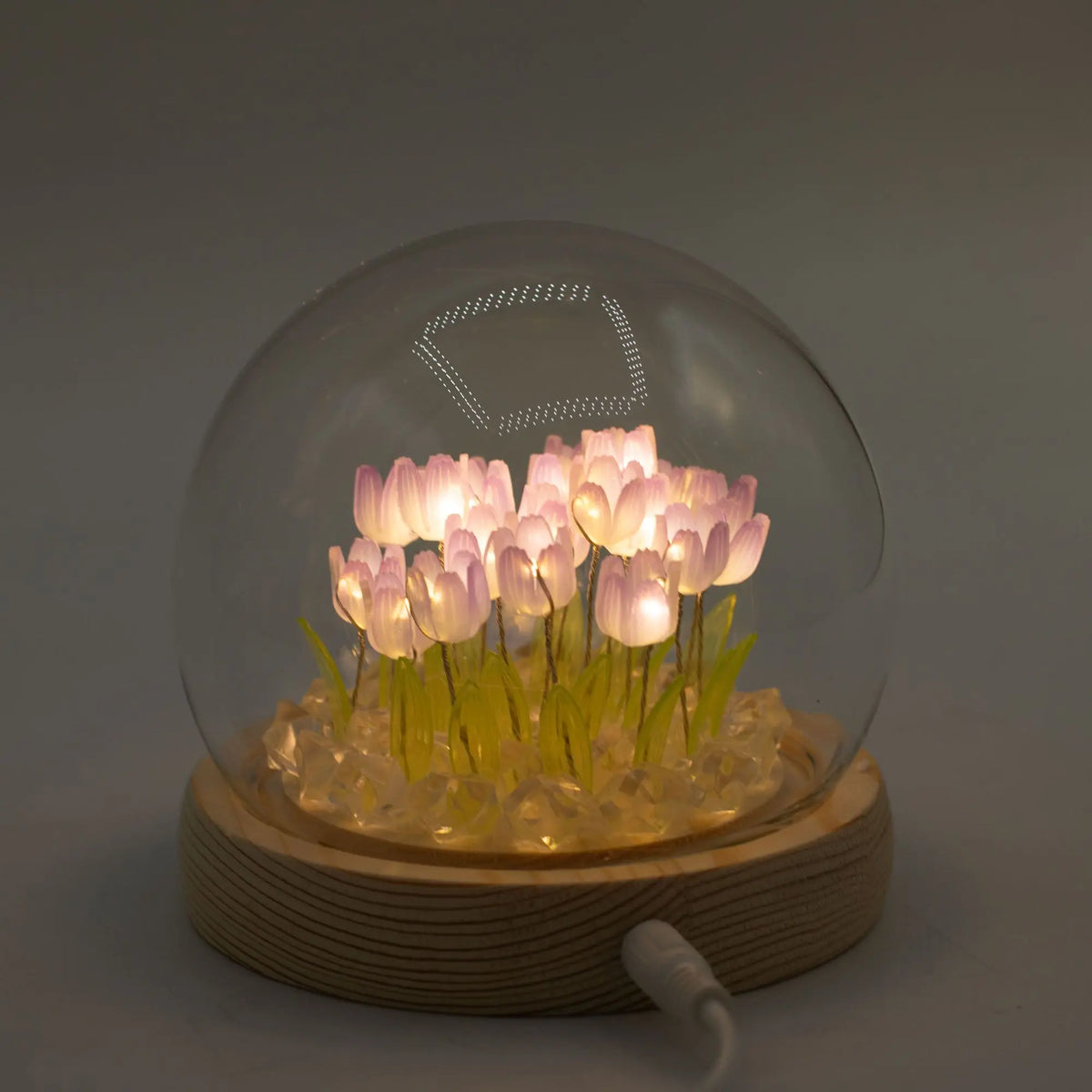 Domo de cristal con 20 tulipanes LED iluminados, sobre base de madera circular. Estilo elegante y decorativo.