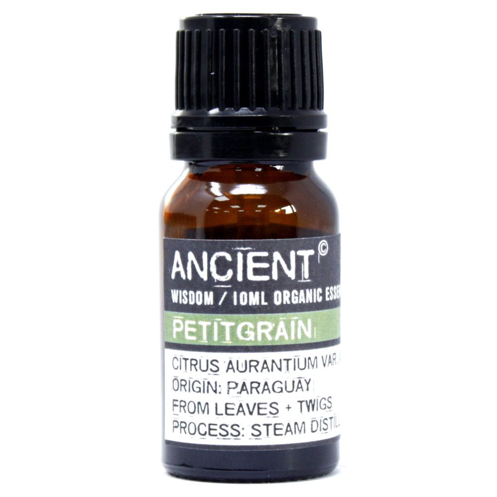 Aceite esencial Petitgrain en frasco ámbar; 100% orgánico, extracción de hojas y ramas, de Paraguay.