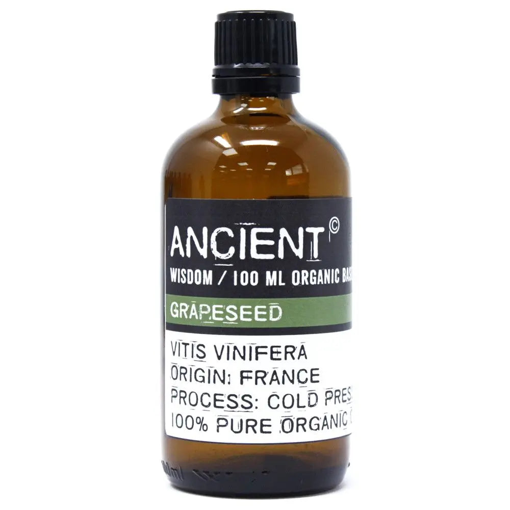 Amber glass bottle of organic grapeseed oil, 100ml size, with a black cap and white label on a plain white background.
