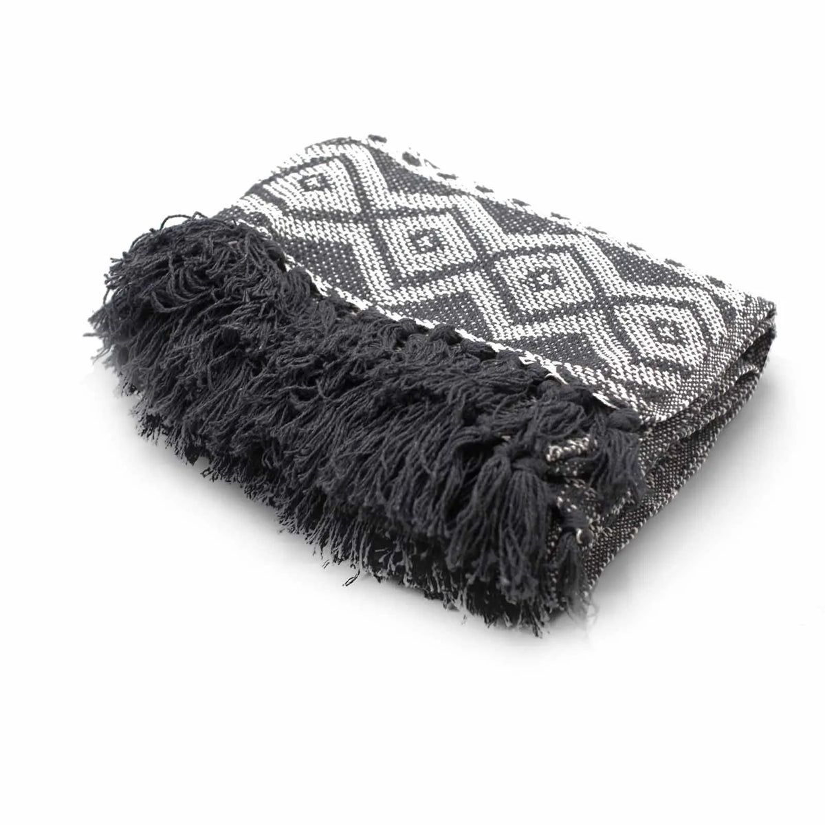 Manta de algodón gris y negro con diseño geométrico y flecos, ideal para decoración y confort.