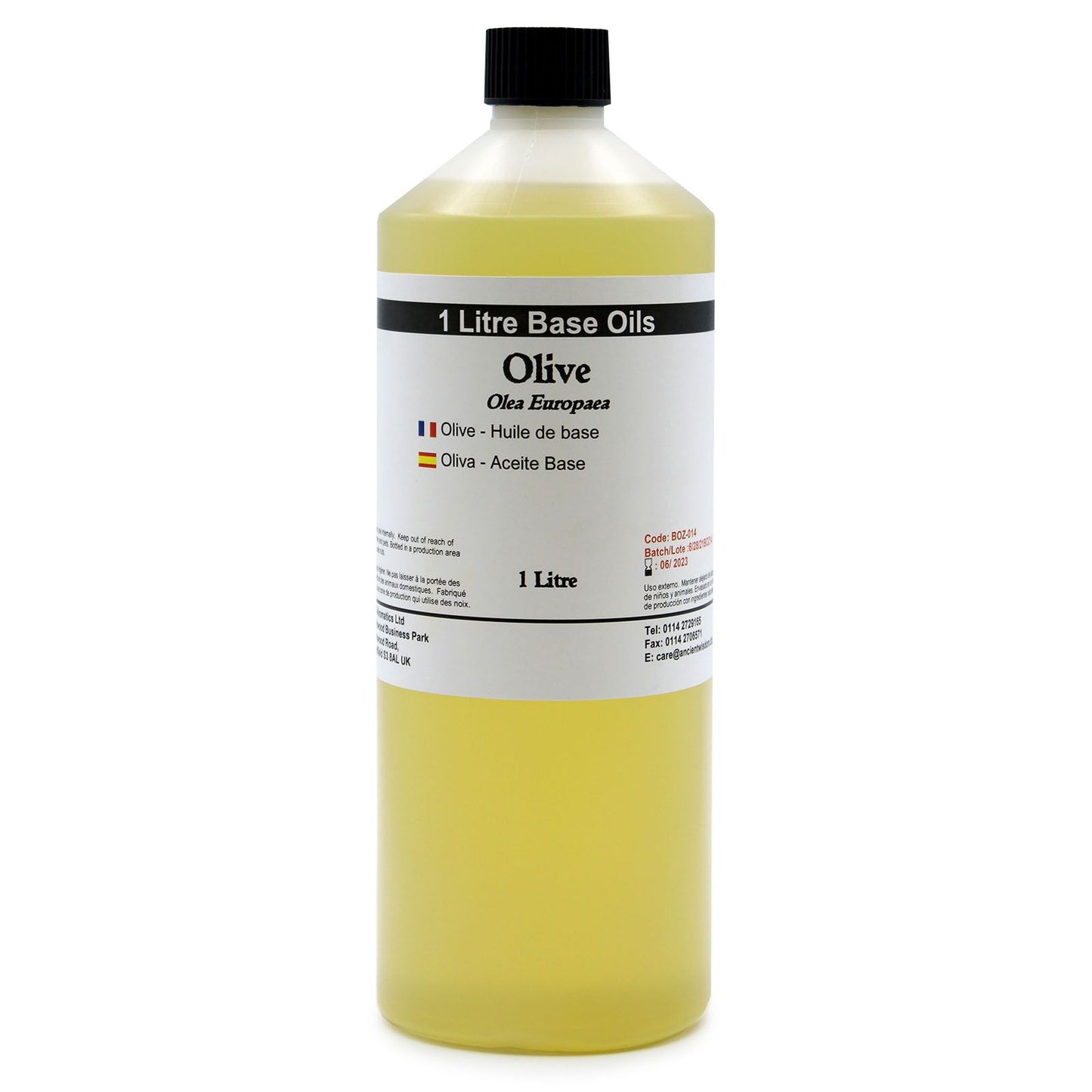 Botella de plástico transparente de 1 litro con aceite de oliva amarillo, tapón negro y etiqueta informativa blanca.