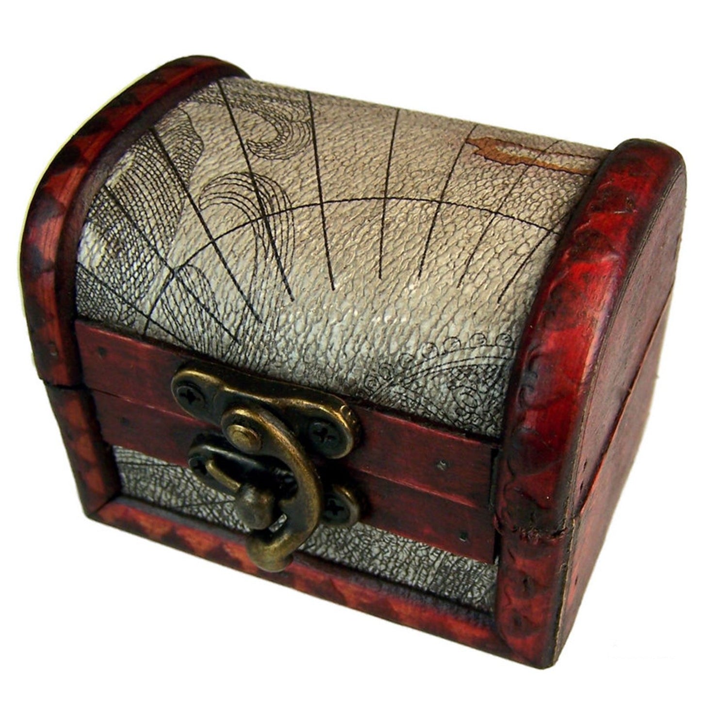 Cajón de madera roja con detalles en cuero, estilo antiguo, decorado con un mapa en la tapa.