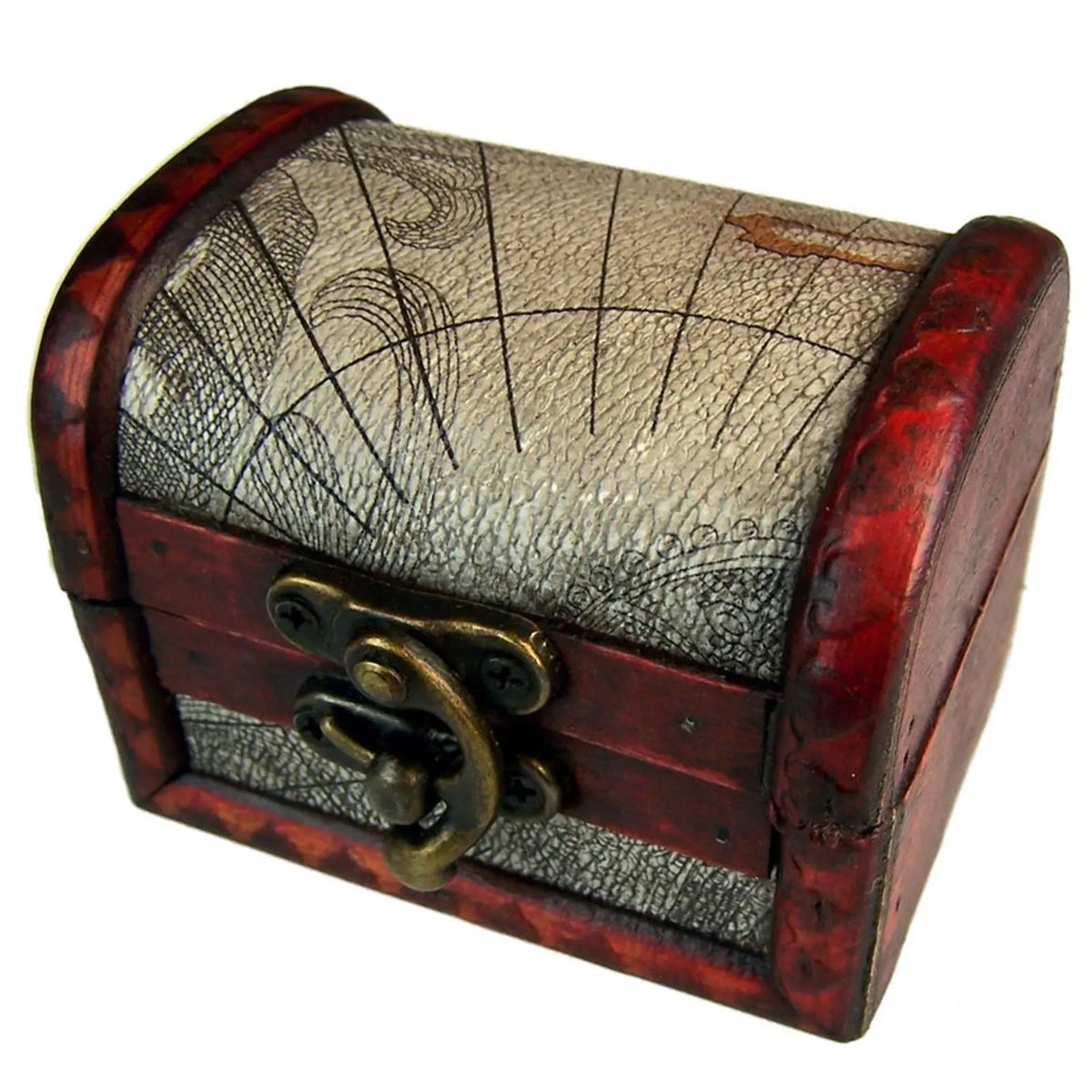 Cajón de madera roja con detalles en cuero, estilo antiguo, decorado con un mapa en la tapa.