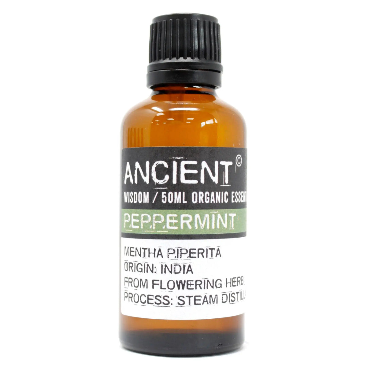 Frasco de vidrio ámbar de 50ml con aceite esencial de menta Ancient Wisdom. Etiqueta blanca y negra sobre fondo blanco.