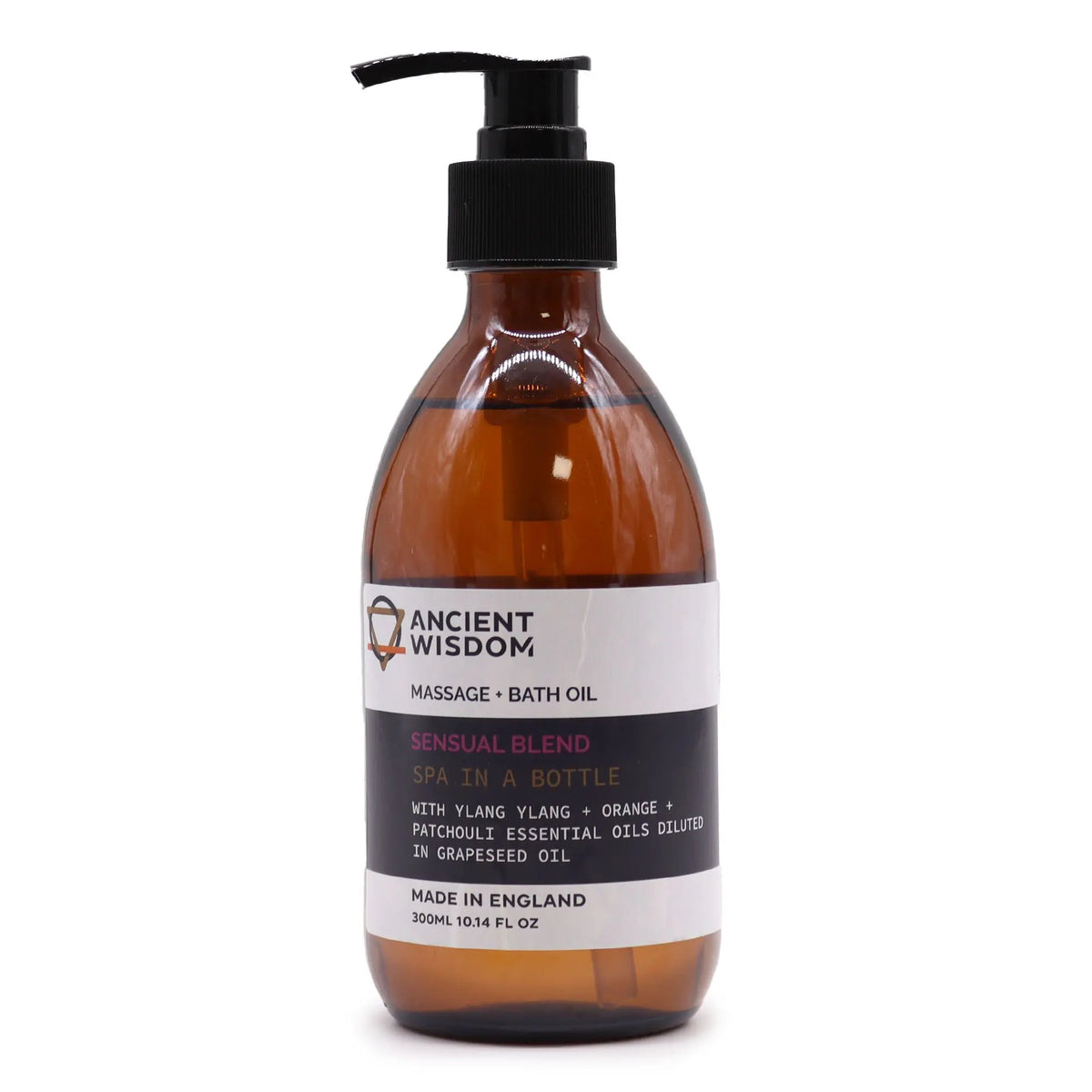 Frasco ámbar de 300 ml con dosificador negro, etiqueta blanca y negra para aceite de masaje y baño. Contenido 300 ml.