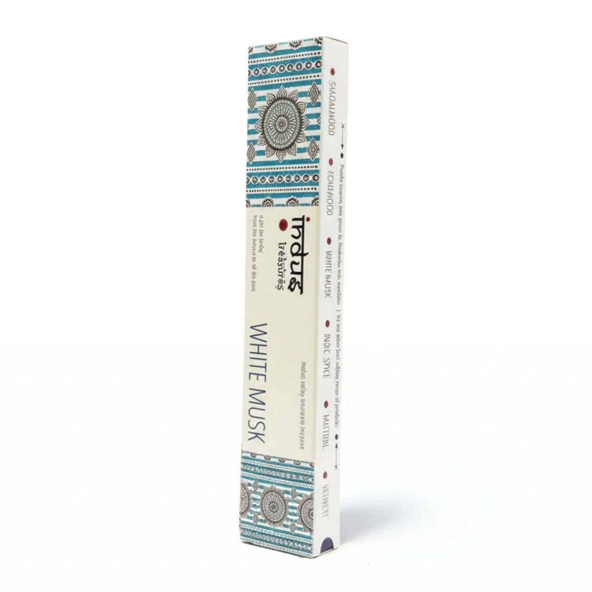 Caja rectangular de incienso de almizcle blanco con diseño decorativo en tonos crema, azul y marrón.